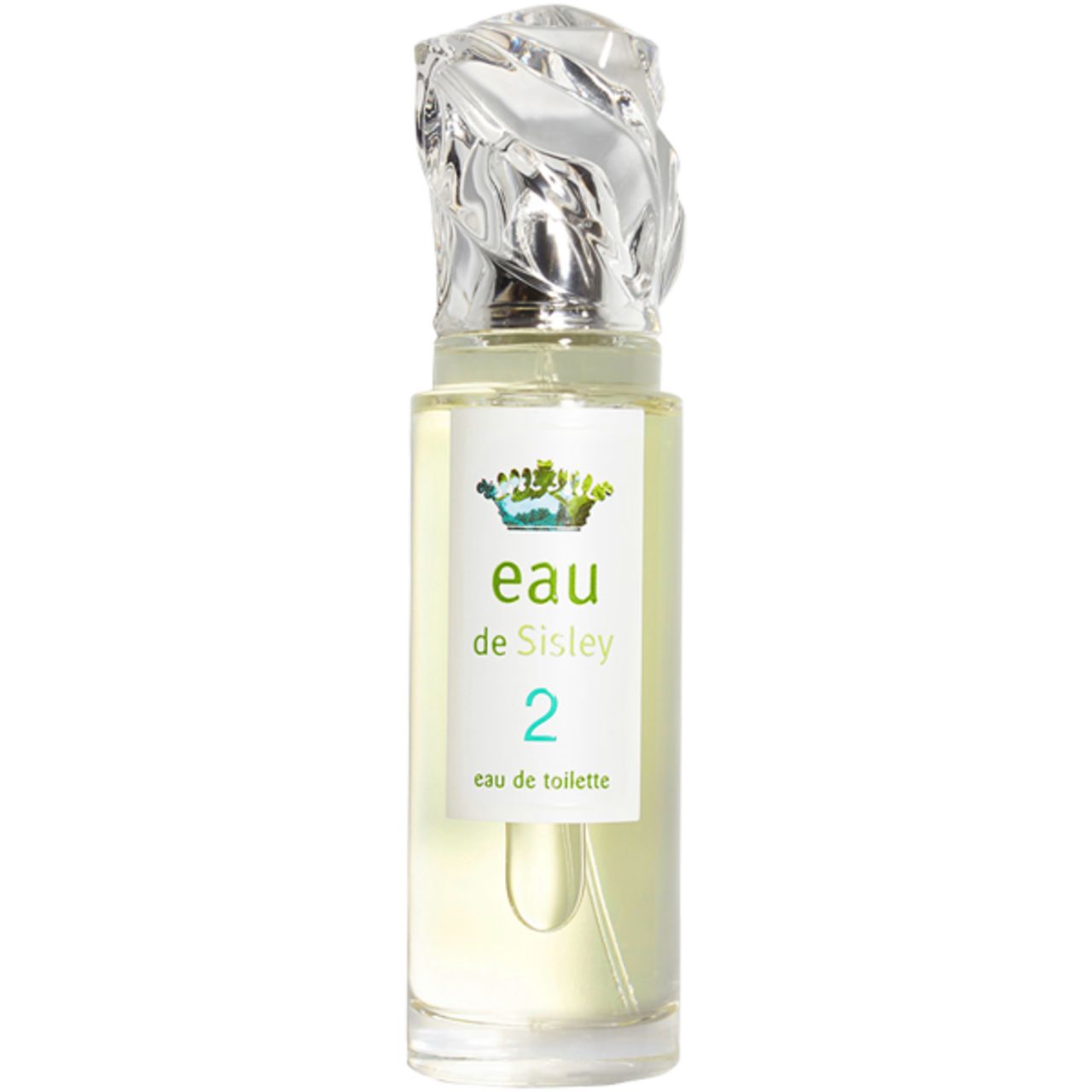 Parfümflakon mit transparentem Verschluss. Aufschrift: Eau de Sisley 2, eau de toilette. Grünes Etikett mit Krone.
