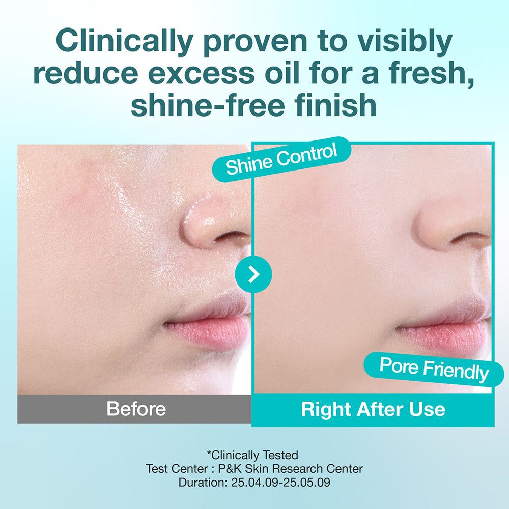 Vorher/Nachher-Vergleich von Haut mit Glanz und nach Anwendung des Puders. 'Shine Control', 'Pore Friendly'.