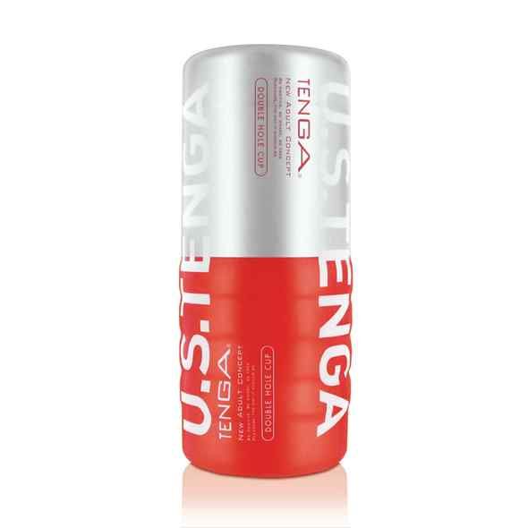Zylindrisches Produkt, rot und silberfarben. Text: U.S. TENGA, DOUBLE HOLE CUP, NEW ADULT CONCEPT.