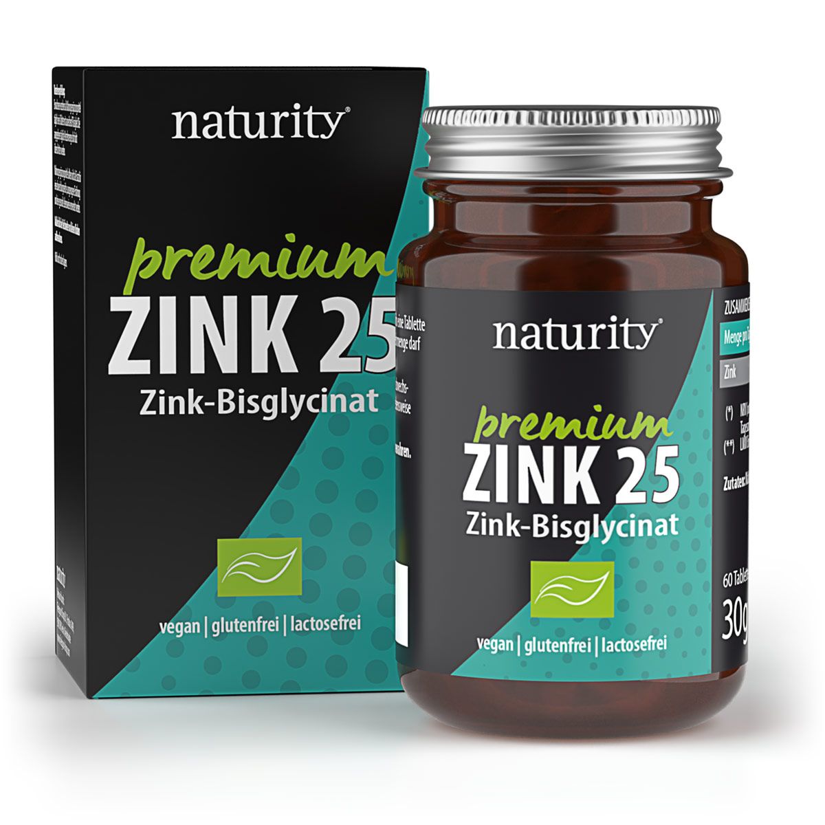 Braune Glasflasche und Schachtel mit "naturity premium ZINK 25". Grün-weiße Etiketten. Vegan, glutenfrei, laktosefrei.