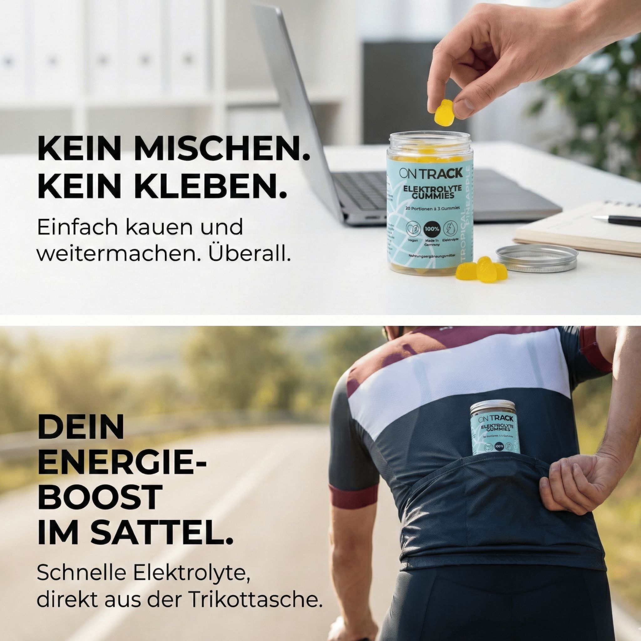 Zwei Szenen. Oben: Person nimmt Gummies aus Dose. Unten: Person mit Dose in der Trikottasche. Aufschrift: OnTrack, Elektrolyte Gummies.