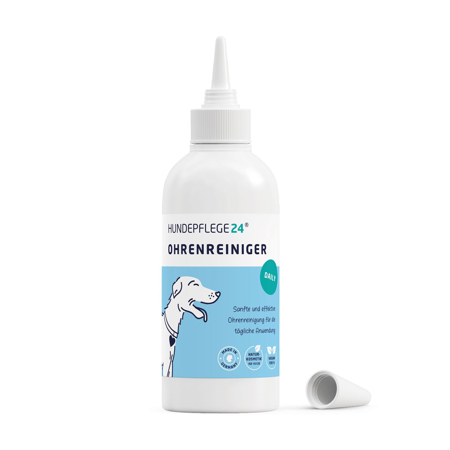 Weiße Flasche mit Spitze und Schraubverschluss. Aufschrift: Hundepflege24 Ohrreiniger Daily. Logo: Hund.