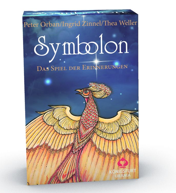Symbolon Kartenspiel, Schachtel mit Vogel-Illustration. Titel: Symbolon, Das Spiel der Erinnerungen. Autorennamen.