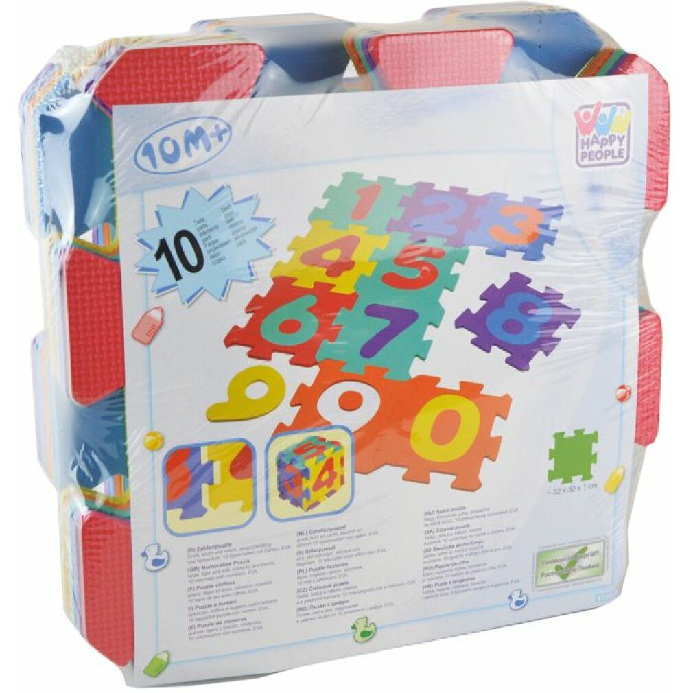 Verpackung Happy People Puzzlematten mit Zahlen. 10 Puzzleteile, Zahlen 0-9. Verpackt in Folie. Aufdruck: 10M+ und Logo.