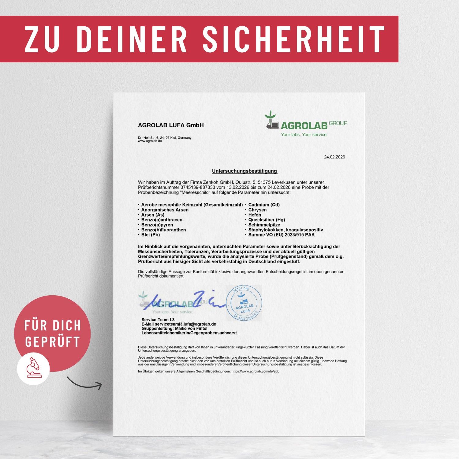 Zertifikat der Agrolab LUFA GmbH. Text: Untersuchungsergebnis. Geprüft auf Schwermetalle, Pestizide etc. Unterschrift. Für Dich geprüft.