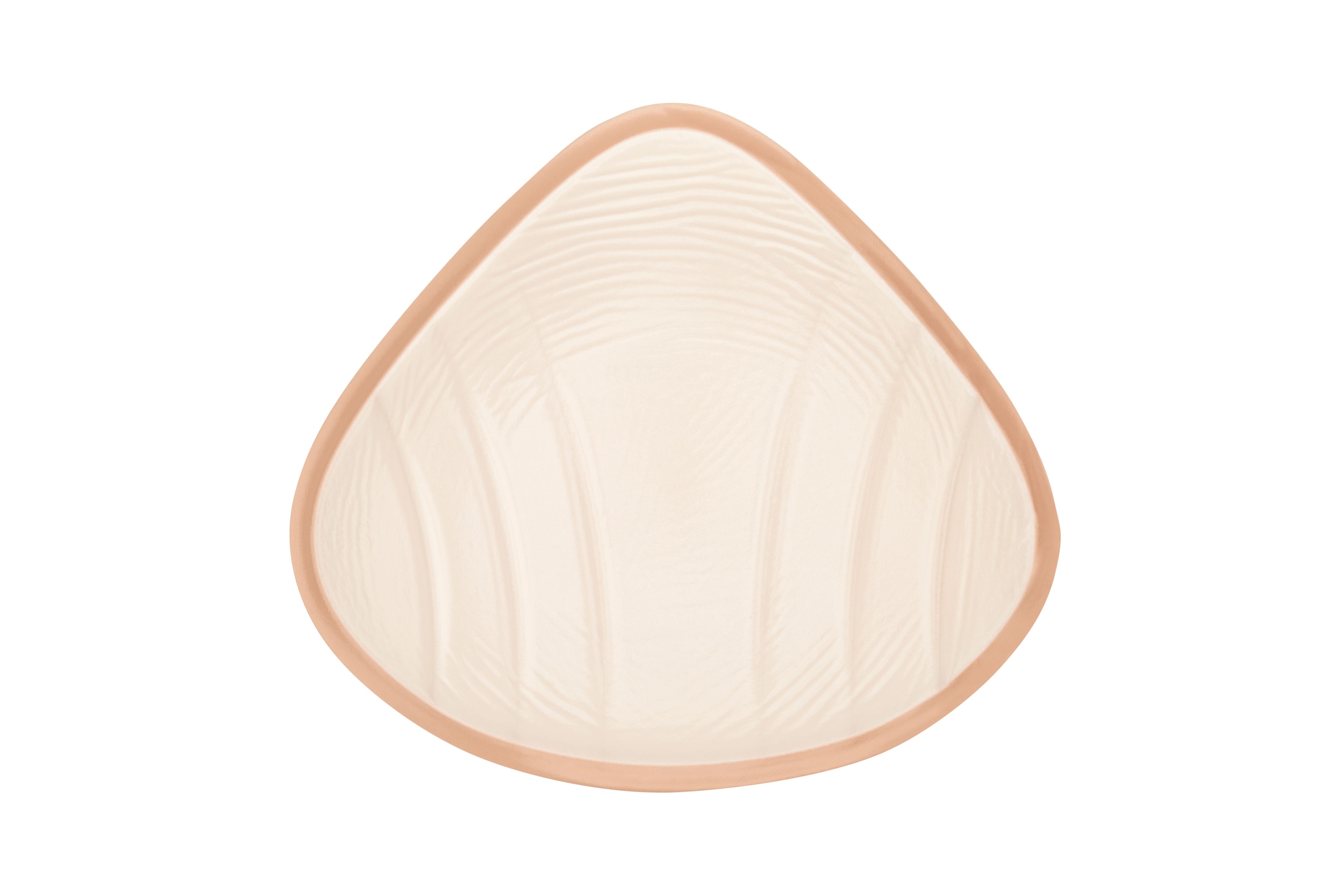 Brustprothese, Innenseite. Dreieckige Form, hautfarben. Mit geriffelter Oberfläche.