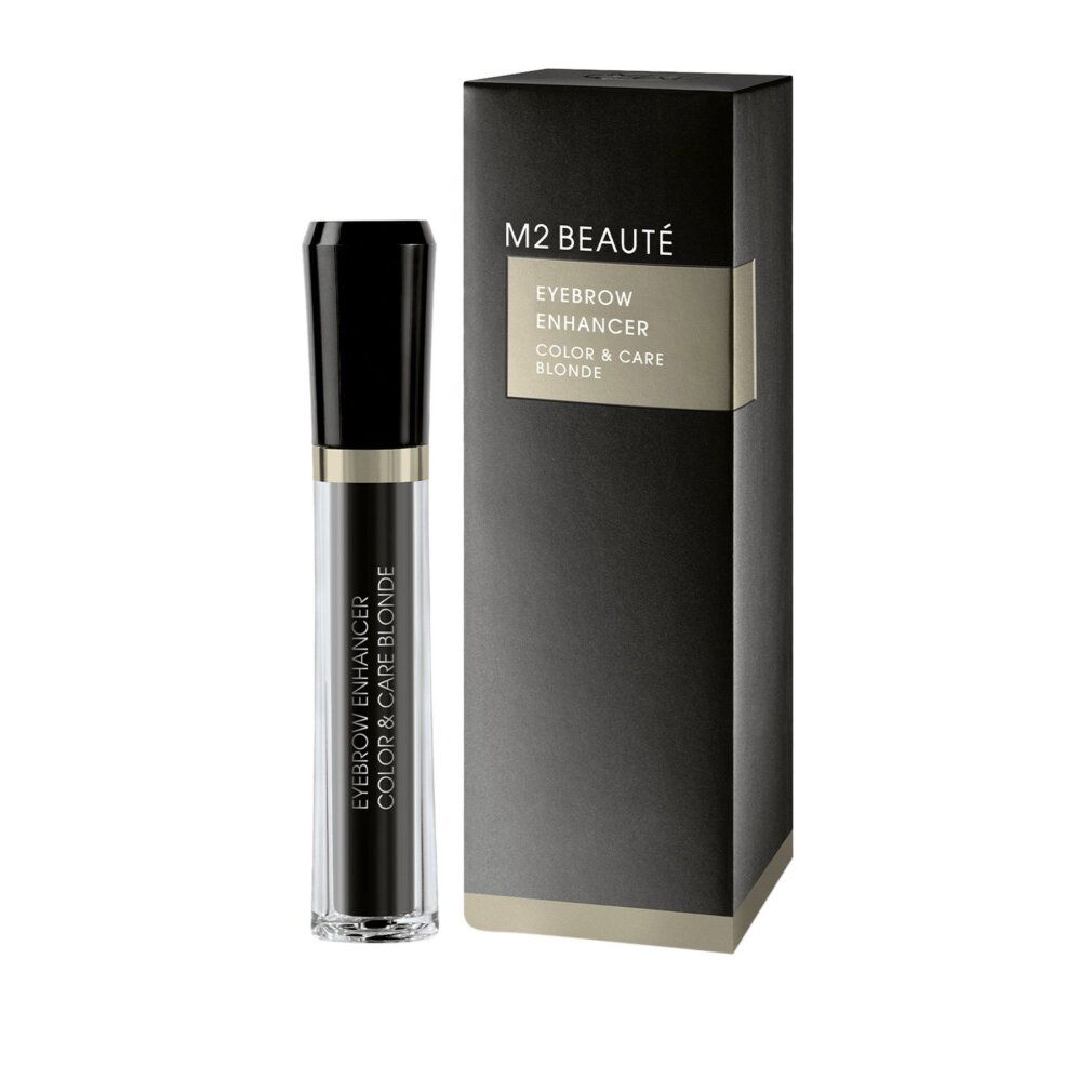M2 Beauté Augenbrauen-Enhancer Color & Care Blonde. Transparenter Applikator mit schwarzem Deckel und goldfarbenem Ring.