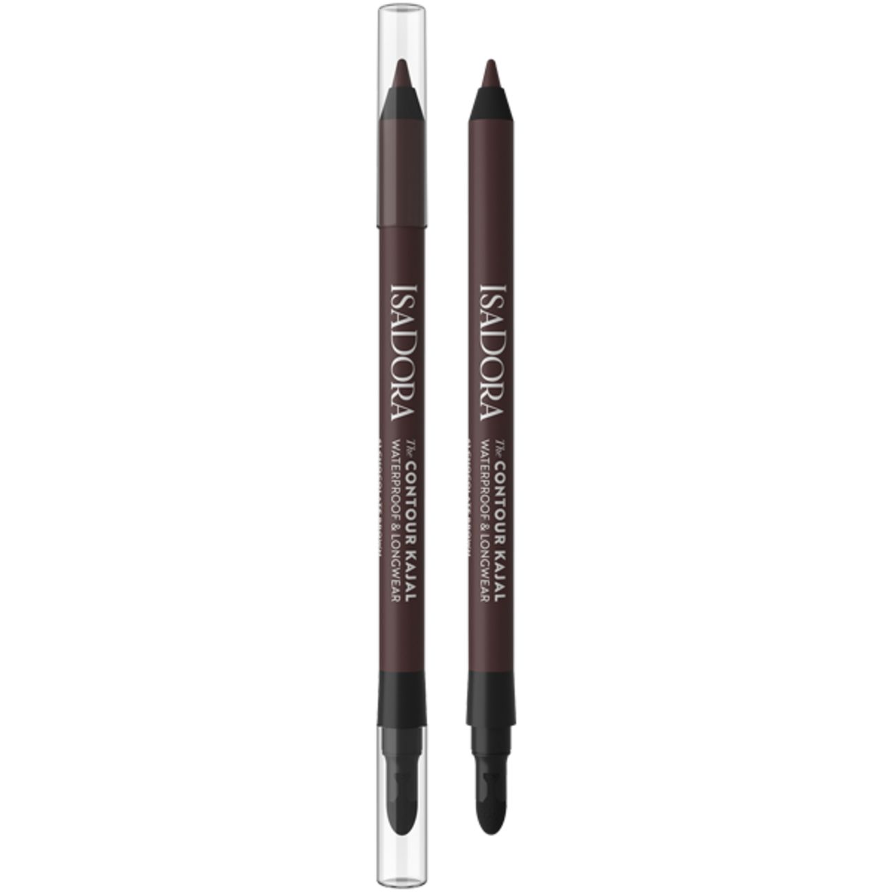 Zwei IsaDora The Contour Kajal Eyeliner. Dunkelbraune Stifte mit transparenten Kappen. Aufschrift: Waterproof & Longwear.