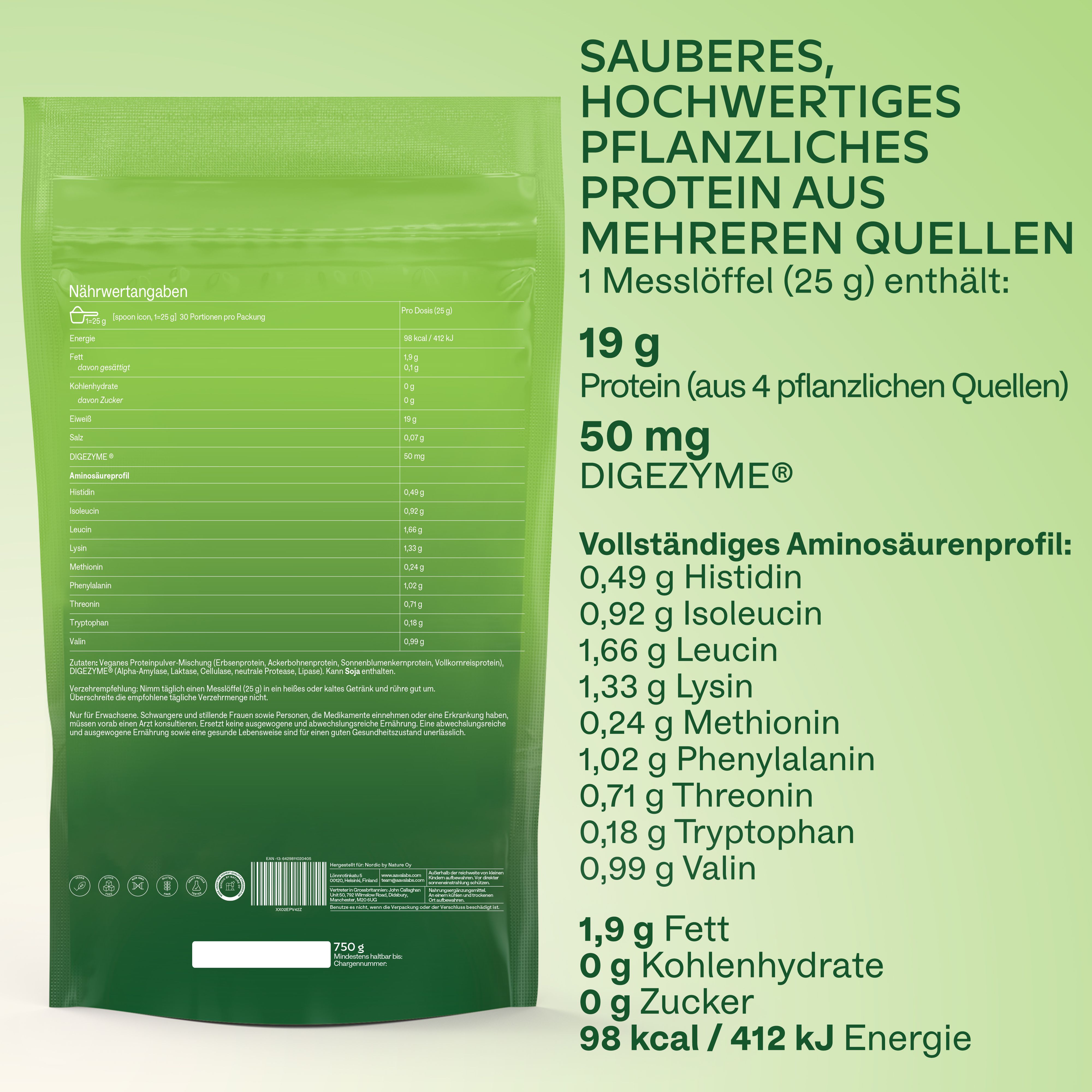 Rückseite der Verpackung von Aavalabs Vegan Protein Powder. Nährwertangaben, Aminosäureprofil, Zutaten.