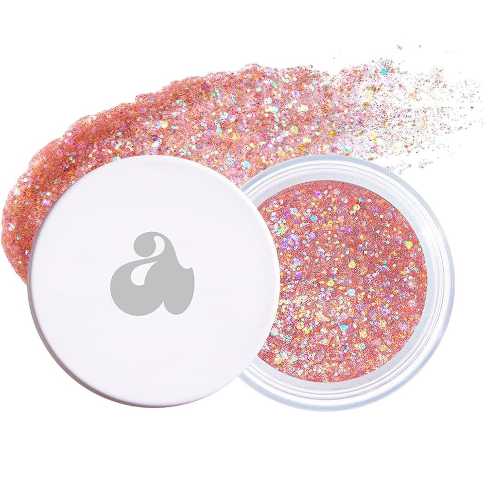 Glitzertiegel mit rosa Glitter. Weißer Deckel mit Logo. Produktname nicht sichtbar.