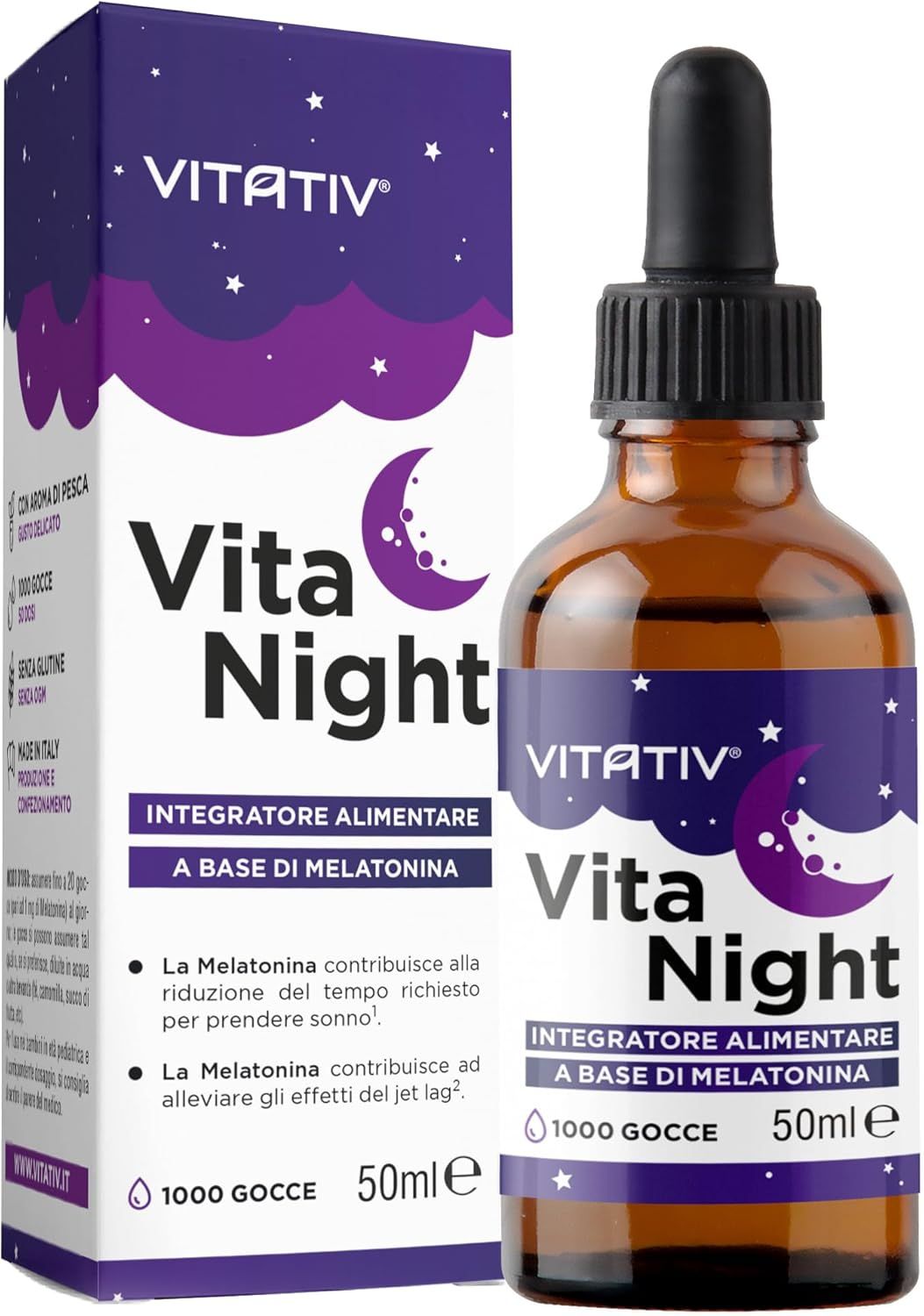 VITATIV® VITANIGHT Melatonina in Gocce - 50 ml (1000 Gocce) Integratore per il Sonno