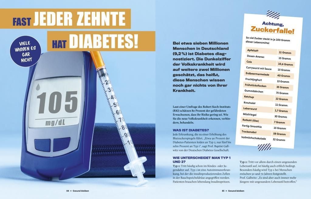 Buchseite mit Text und Diagrammen. Titel: "Diabetes Typ 2". Fragen zur Risikobewertung. Diagramm zur Messung des Taillenumfangs.