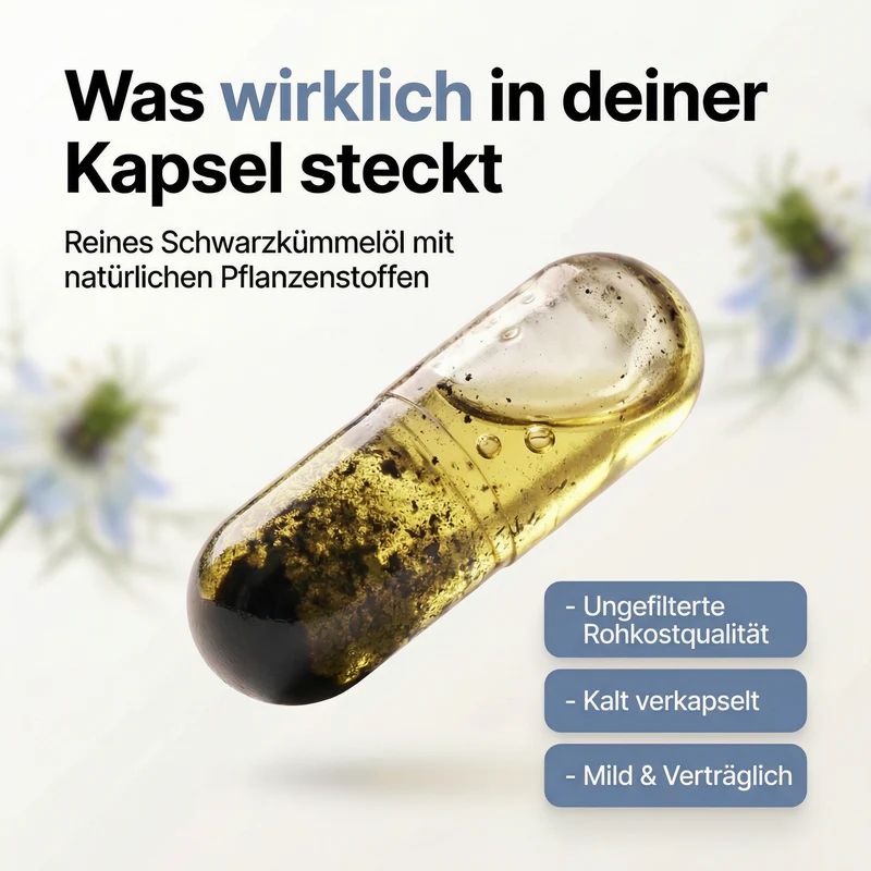 Schwarzkümmelöl Kapsel mit Öl und Pflanzenstoffen. Daneben Infoboxen zu Rohkostqualität, Kaltpressung und Milde.