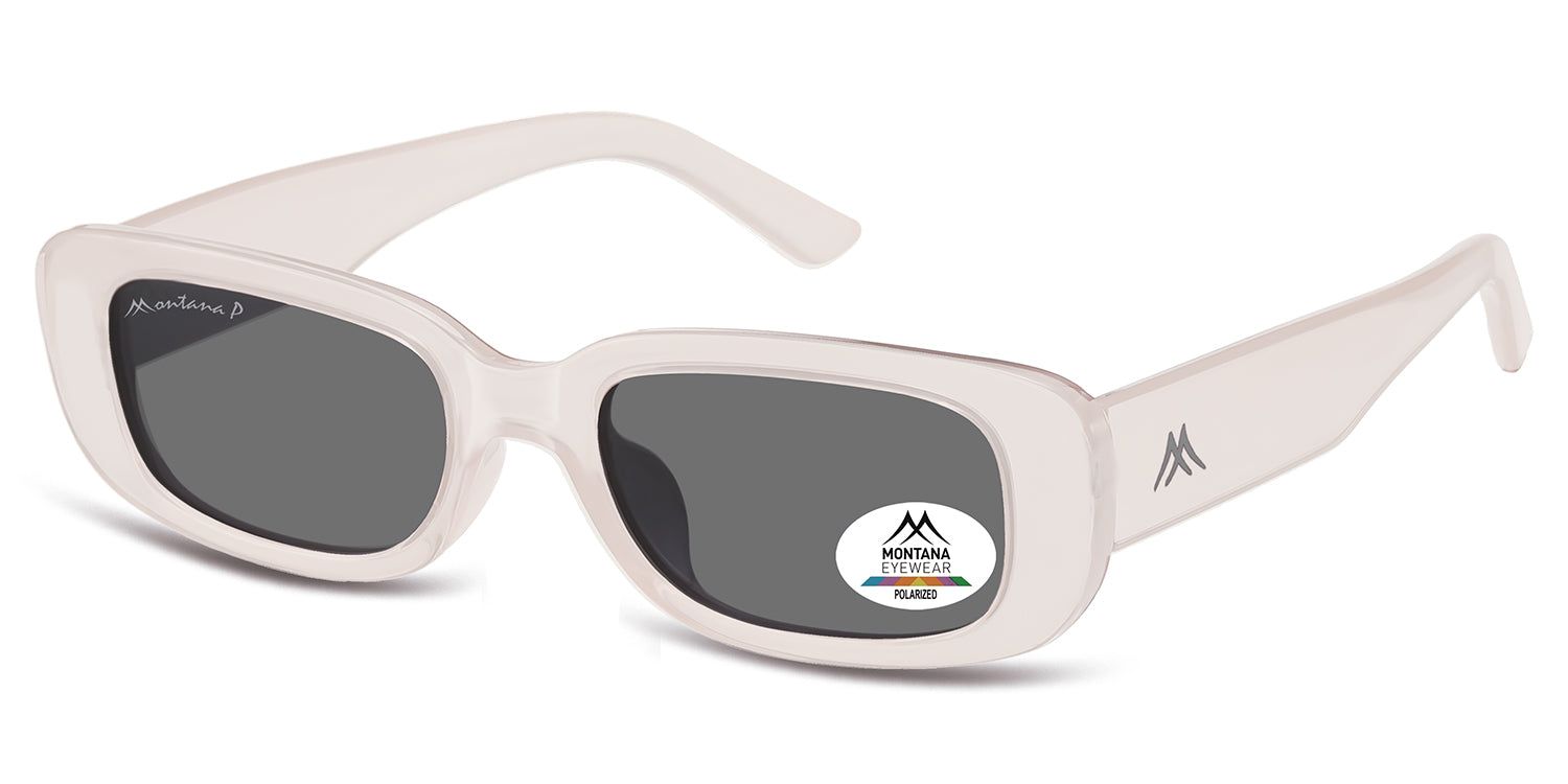 Sonnenbrille mit weißem Rahmen und grauen Gläsern. Auf dem Glas befindet sich ein Aufkleber mit Logo und 'Polarized'.