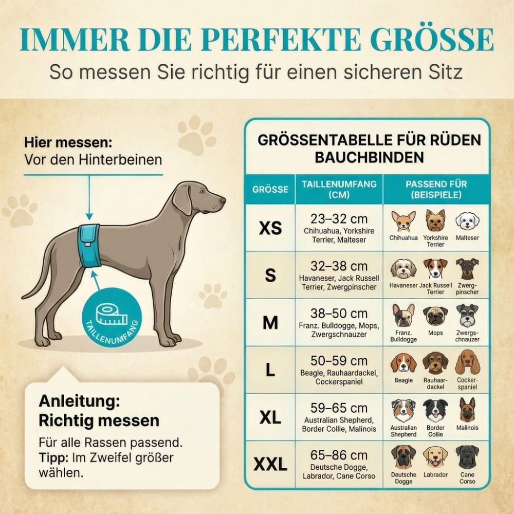 Größentabelle für Rüden. Illustration eines Hundes mit Windel. Größenangaben in cm und Rassenbeispiele.