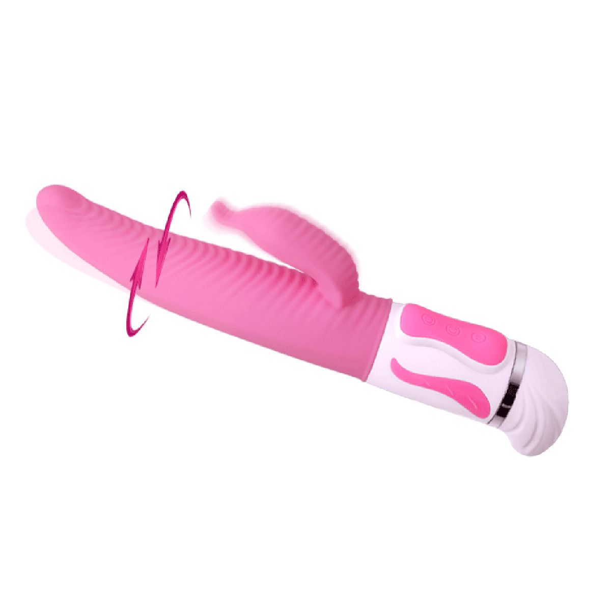Rosa Vibrator mit geriffelter Oberfläche und Hasenohren-Design. Pfeile zeigen Rotationsbewegung an. Weißer Griff mit rosa Knöpfen.