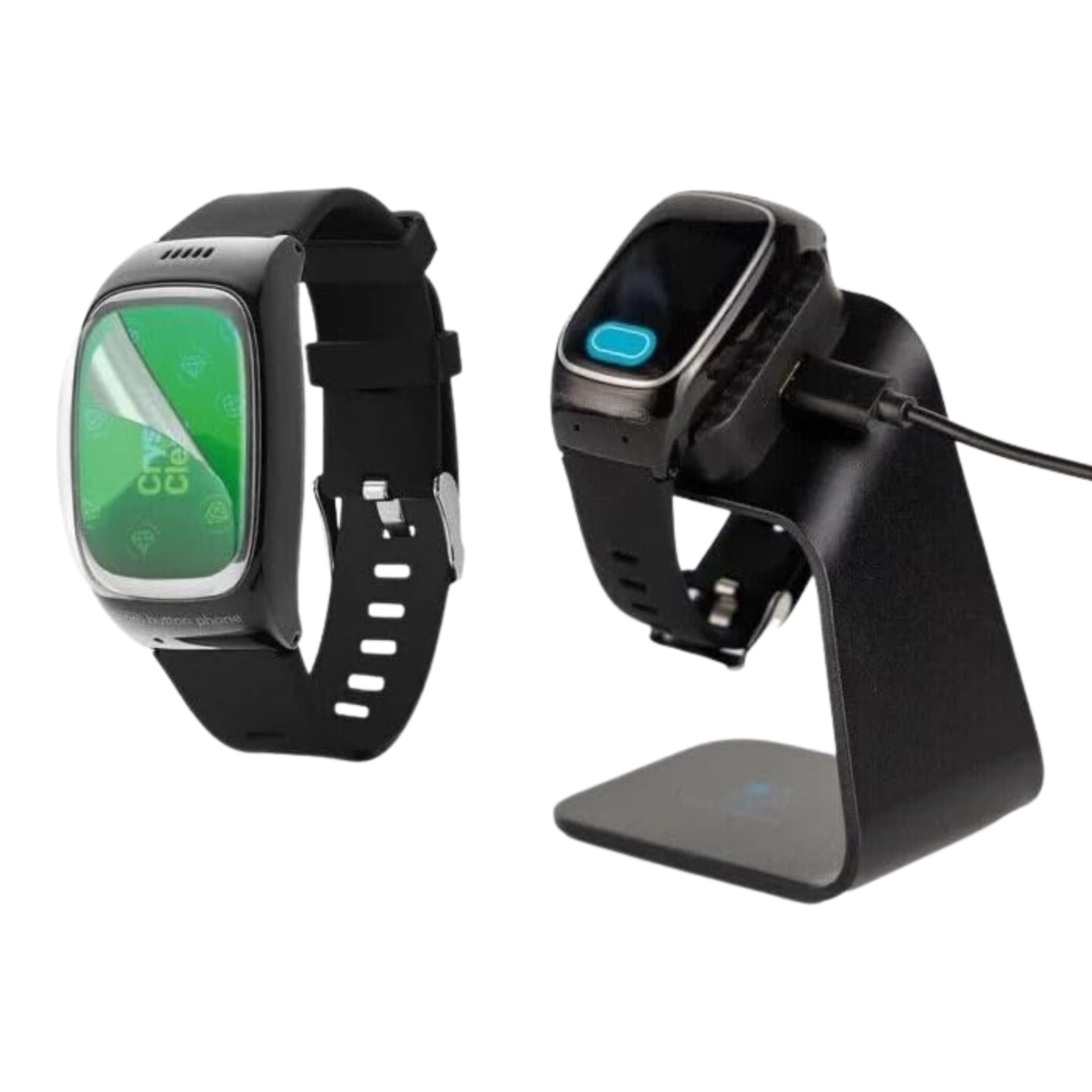 Schwarze Smartwatch mit Ladestation. Uhr mit Display, Armband. Ladestation mit Kabel. Displayschutzfolie.