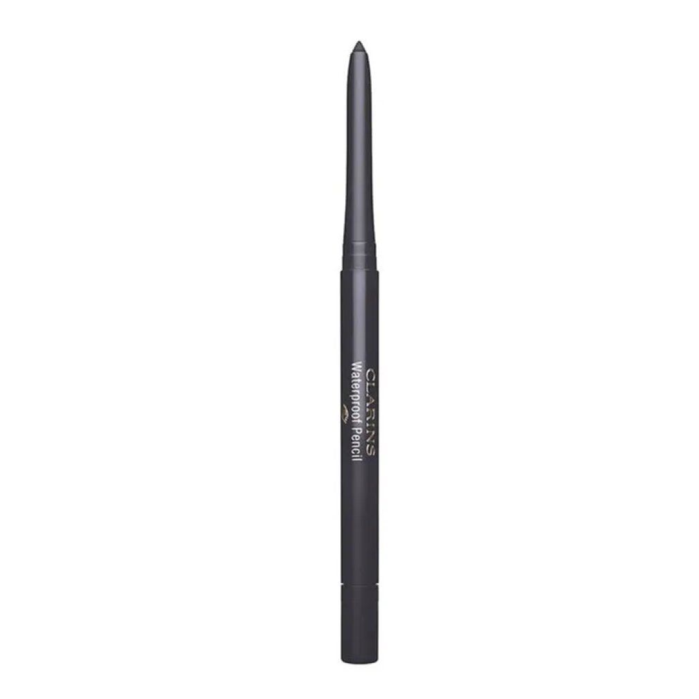 Grauer, schlanker Eyeliner-Stift. Schwarze Spitze. Text: Waterproof Pencil.