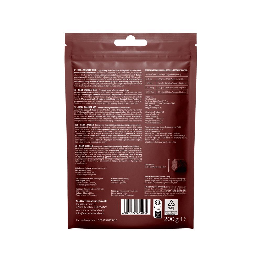 Rückseite einer braunen Hundeleckerli-Tüte mit Nährwertangaben und Inhaltsstoffen. 200g.