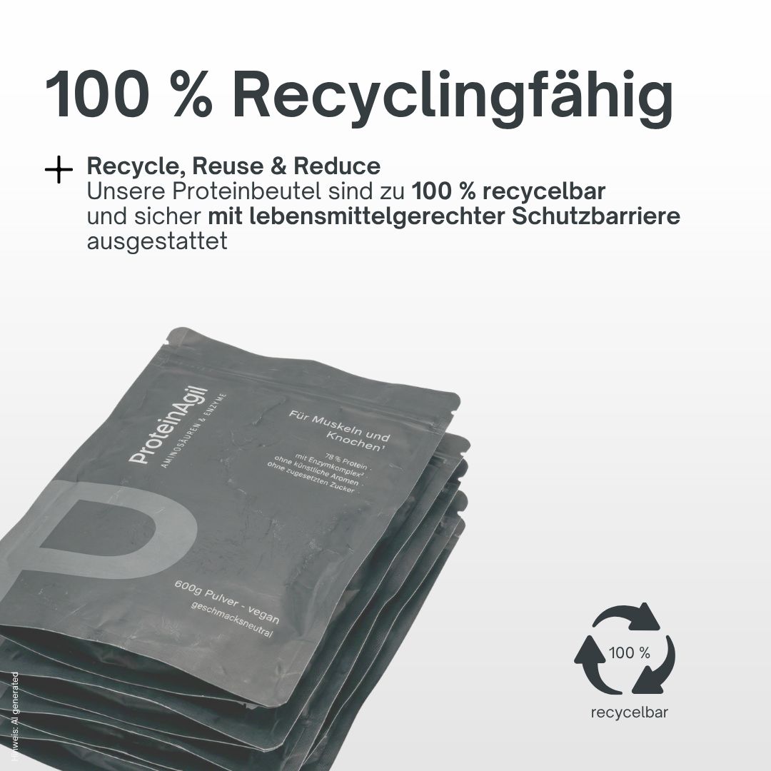 Mehrere ProteinAgil Beutel gestapelt. Logo '100% recycelbar' unten rechts.