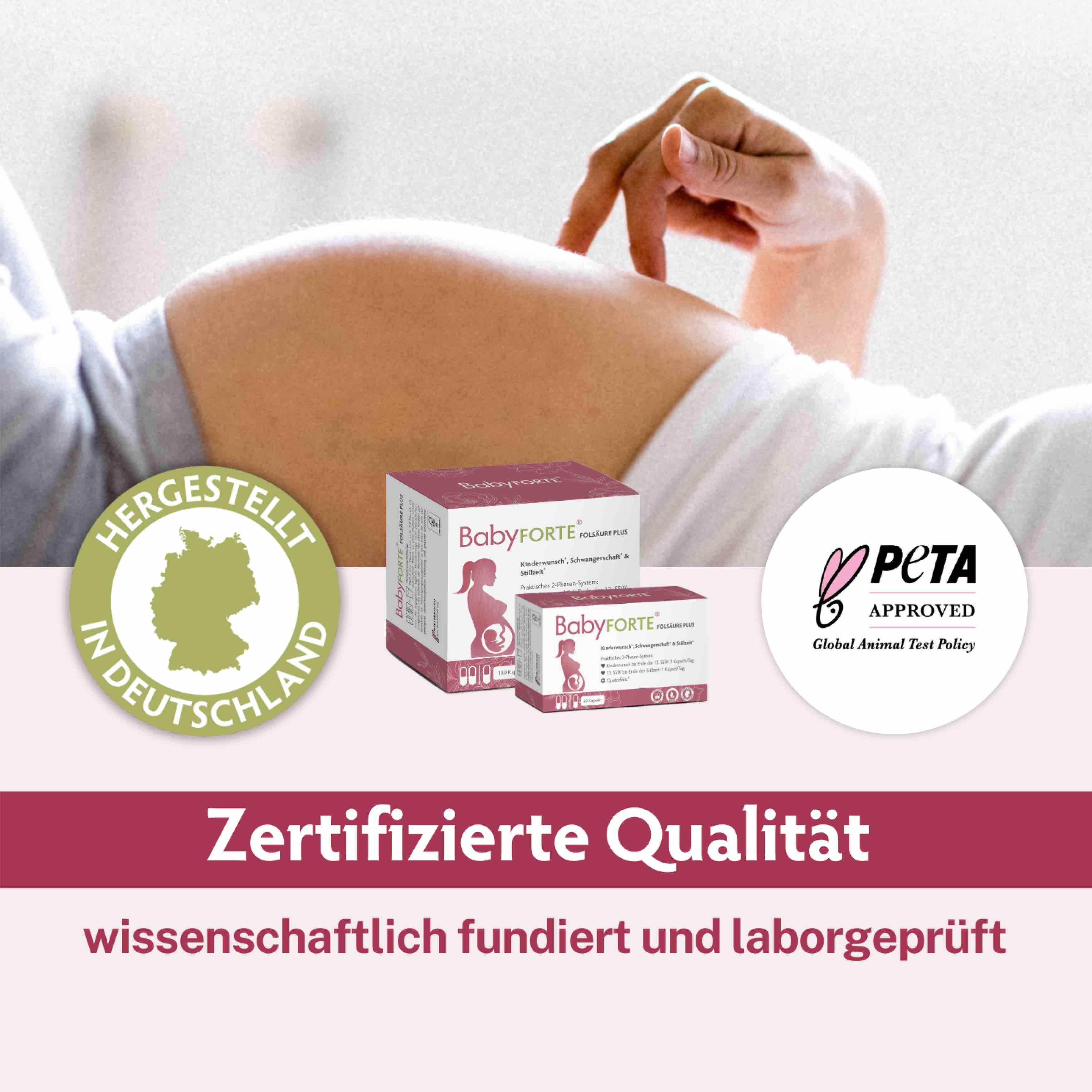 Zwei BabyFORTE-Packungen. Peta-Siegel. Text: Zertifizierte Qualität, hergestellt in Deutschland.