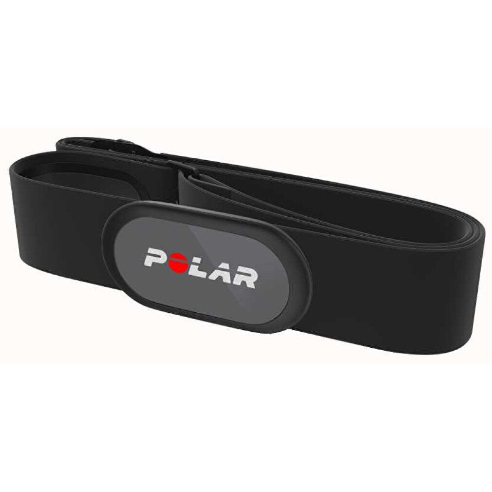 Schwarzer Brustgurt mit grauem Sensor. "POLAR" in Weiß und Rot auf dem Sensor. Größe XS-S.