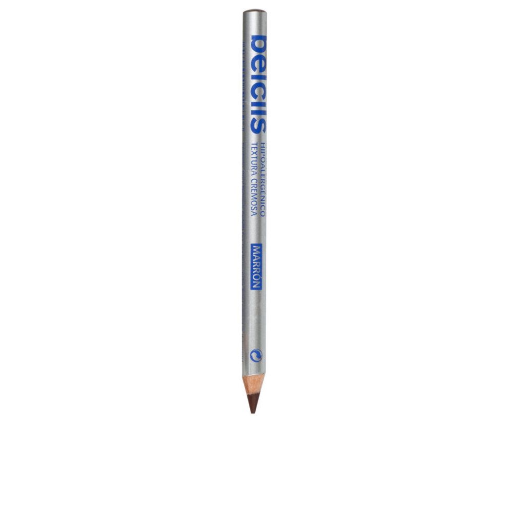 Ein einzelner Augenstift, Belcils, braun. Silberner Stift mit blauer Schrift. Spitze nach unten.