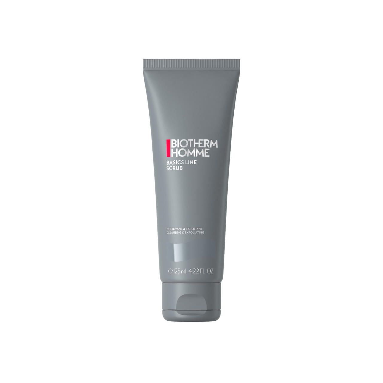 Graue Tube mit BIOTHERM HOMME Logo. Aufschrift: BASICS LINE SCRUB. 125ml.