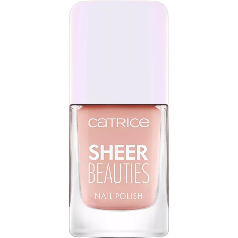 Nagellackflasche mit rosa Inhalt und weißem Deckel. Aufschrift: CATRICE SHEER BEAUTIES NAIL POLISH.