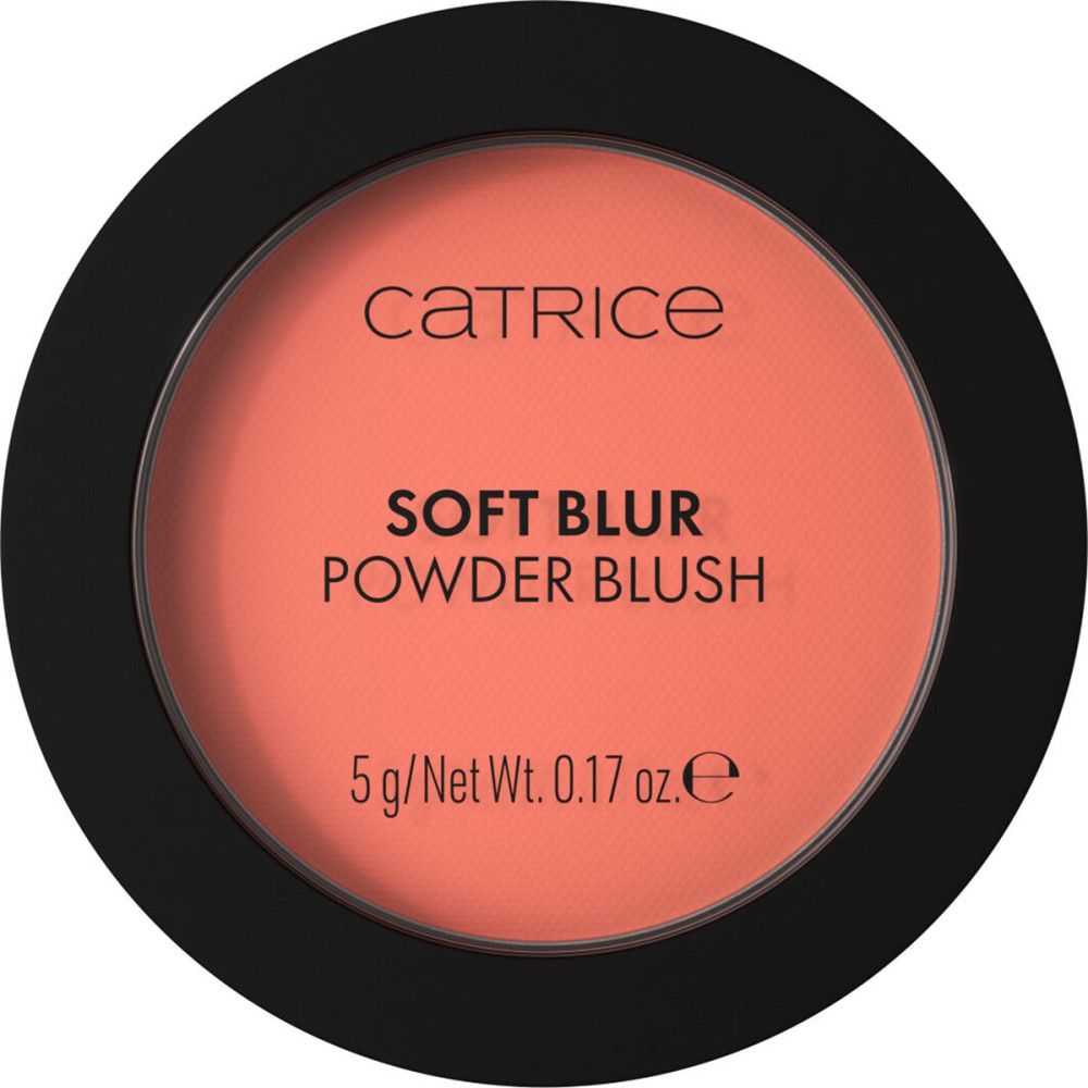 Runder, schwarzer Catrice Soft Blur Powder Blush-Behälter mit geöffnetem Deckel. Produktname und Details.