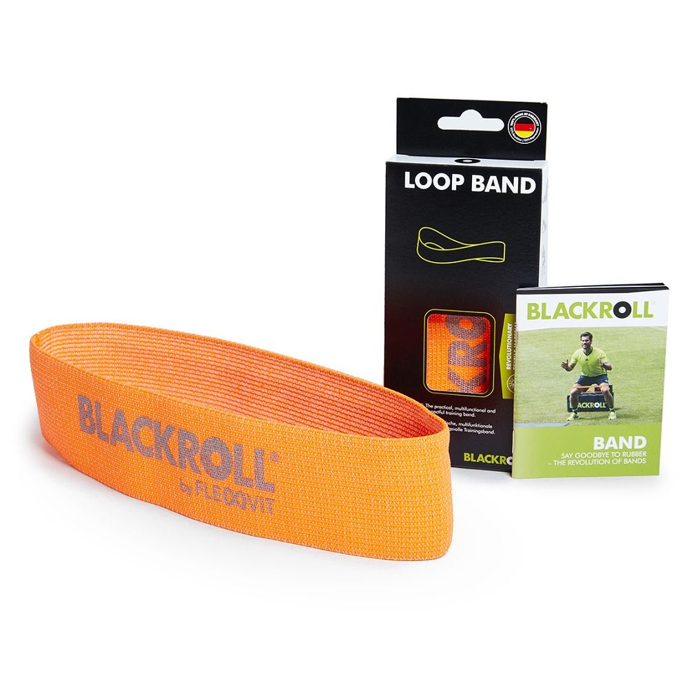Orangefarbenes Loop Band mit schwarzem Schriftzug. Verpackung mit Produktname und Logo. Broschüre mit Abbildung.