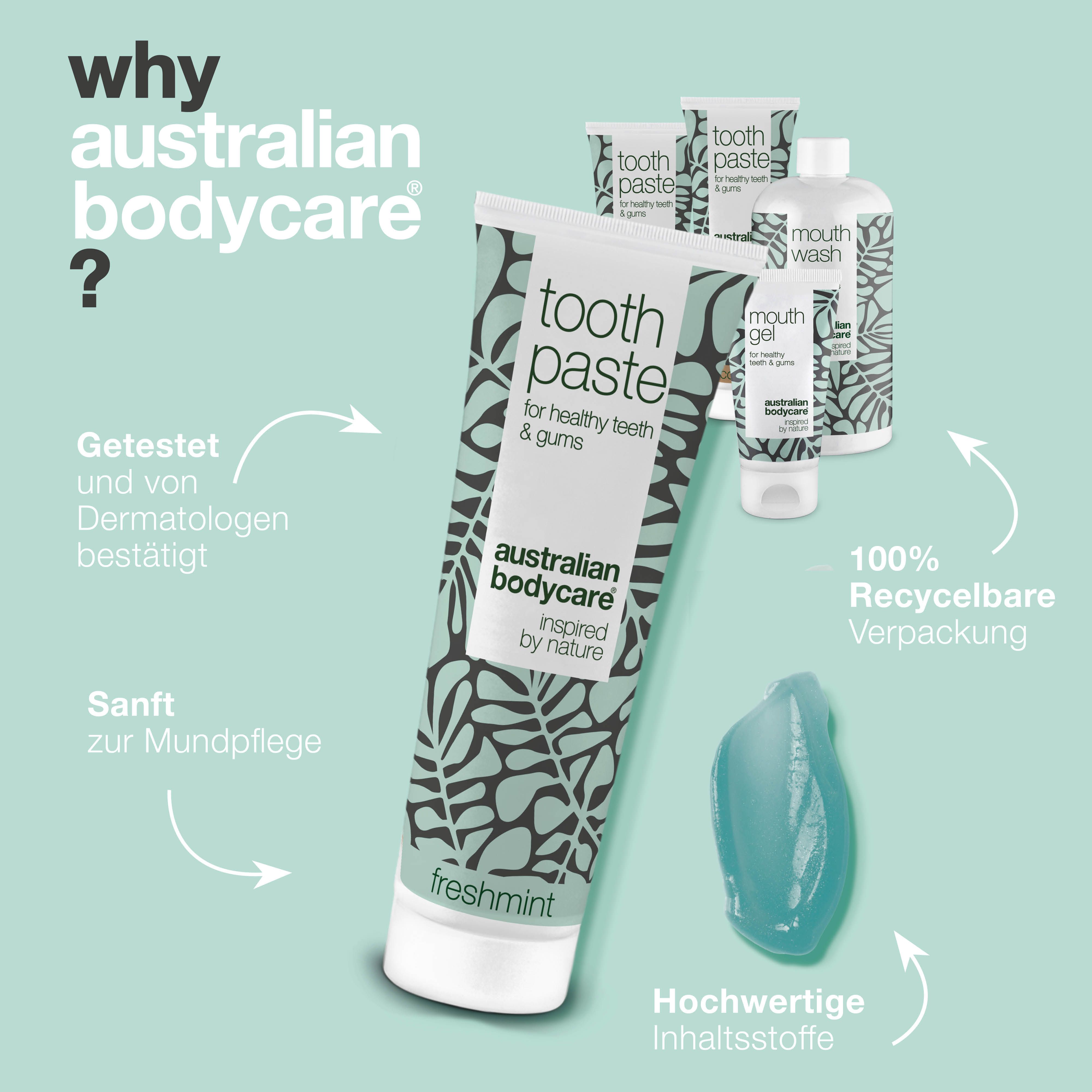 Text: Australian Bodycare. Zahnpasta, Mundspülung, Mundgel. Vorteile werden aufgelistet.