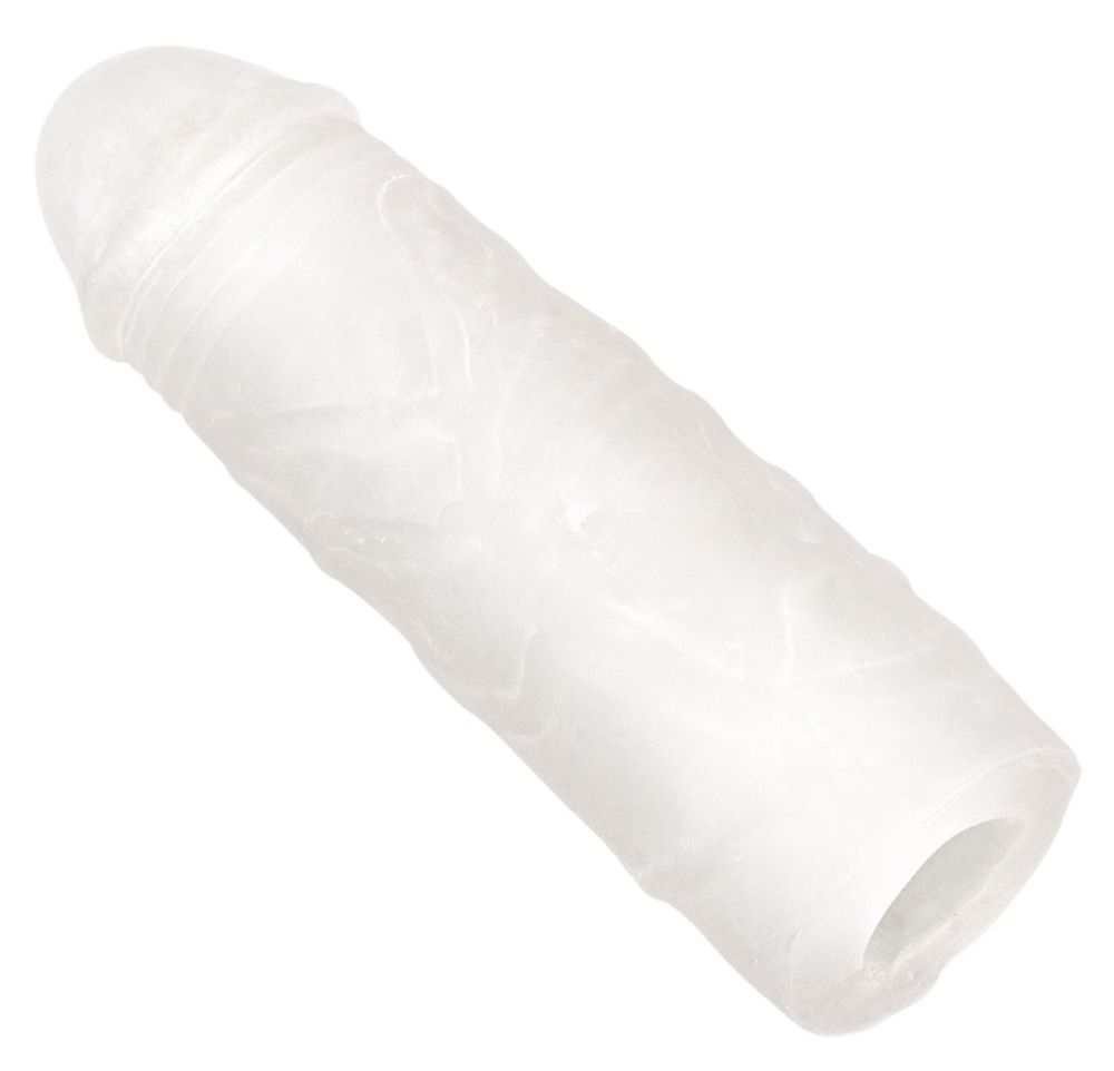 Durchsichtige Penis-Sleeve. Zylindrische Form mit geriffelter Oberfläche und Öffnung.