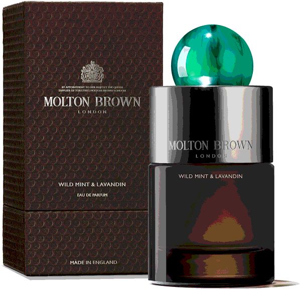 Dunkelbraune Schachtel und Flakon. Flakon mit silbernem Deckel und grünem Verschluss. Aufschrift: Molton Brown, Wild Mint & Lavandin.