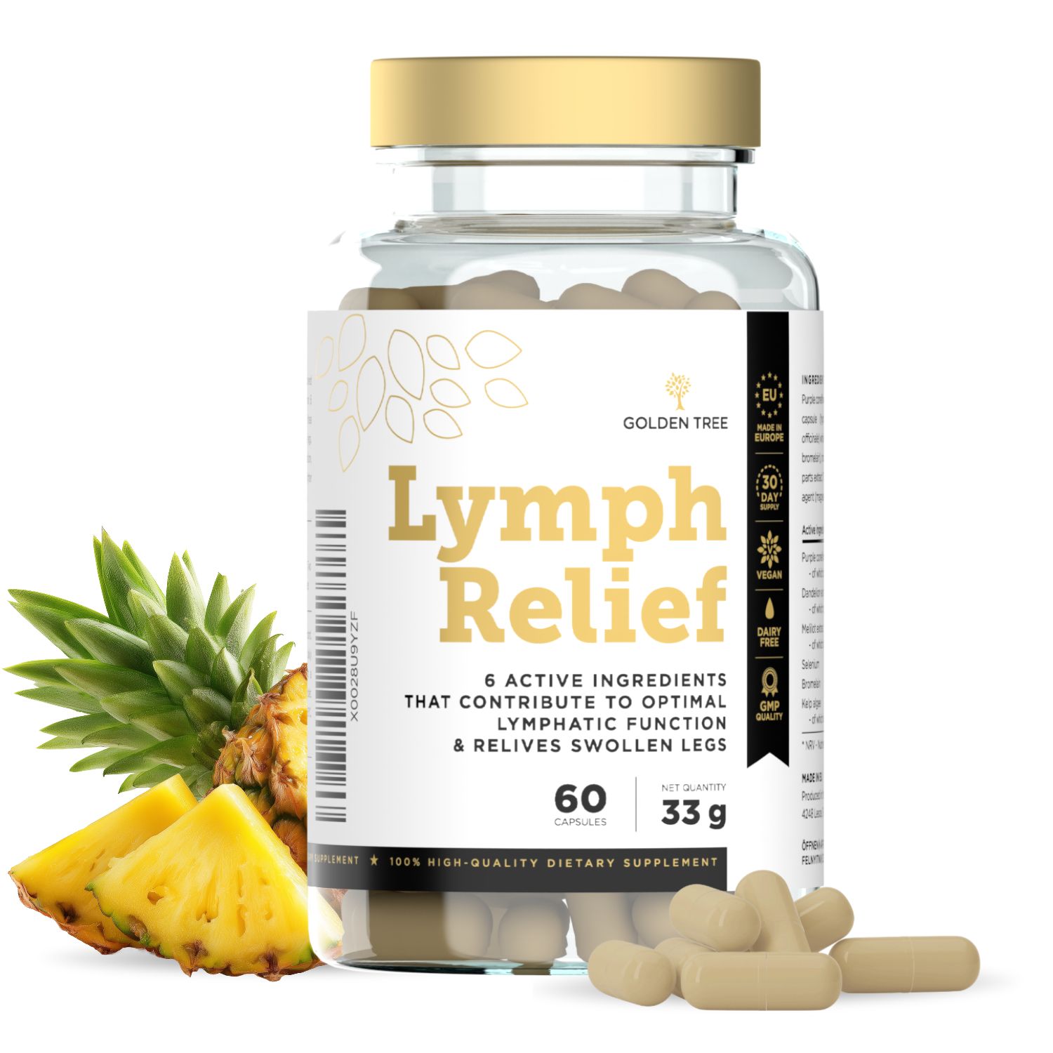 Flasche mit 60 Kapseln Lymph Relief, 33g. Enthält Ananas-Stücke und ganze Kapseln.
