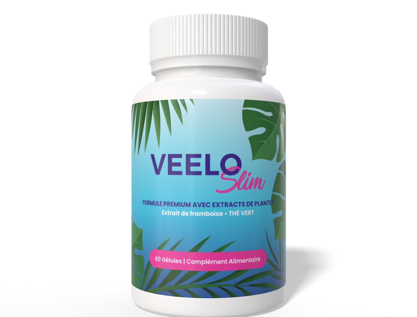 Weiße Flasche mit VeeloSlim-Aufdruck. Aufschrift: Premium-Formel mit Pflanzenextrakten, Himbeerextrakt, Grüner Tee. 60 Kapseln.