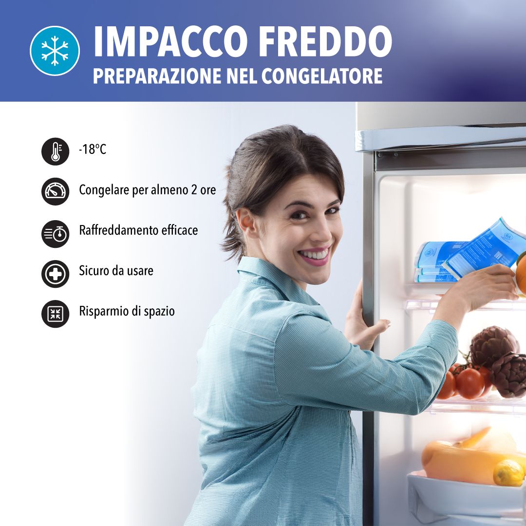 Donna che apre il frigorifero con compresse fredde. Testo: Impacco freddo, preparazione nel congelatore. -18°C, congelare per min. 2 ore.
