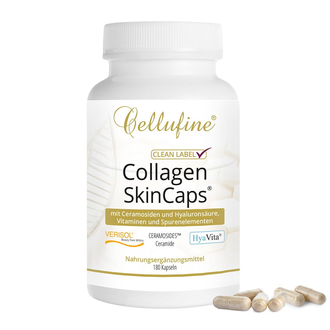 Weiße Flasche mit Cellufine Collagen SkinCaps Kapseln. Aufschrift: Collagen SkinCaps, 180 Kapseln. Daneben liegen Kapseln.