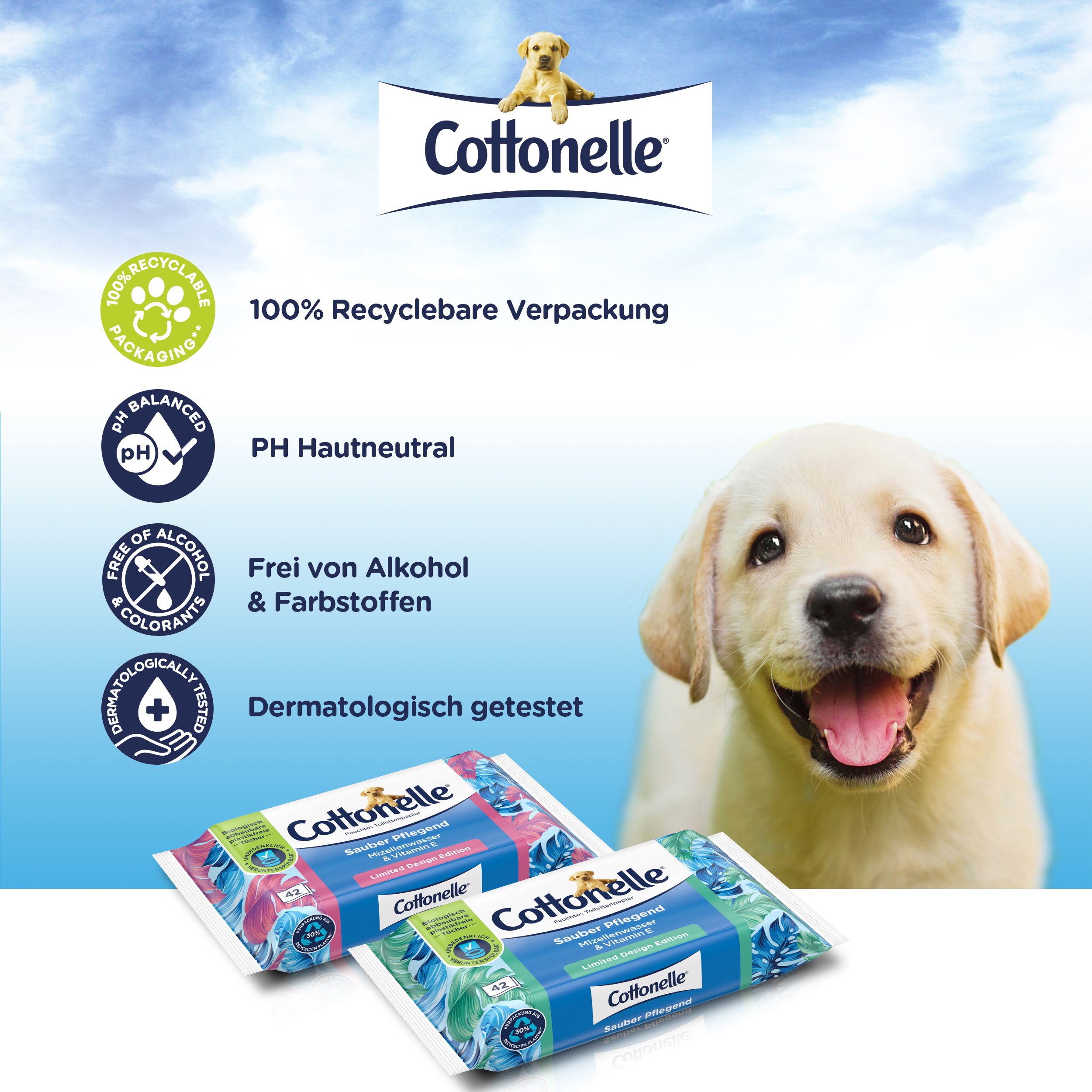 Zwei Packungen Cottonelle Feuchtes Toilettenpapier. Aufdruck: Sauber Pflegend, Mizellenwasser & Vitamin E, Limited Design Edition. 42 Tücher.