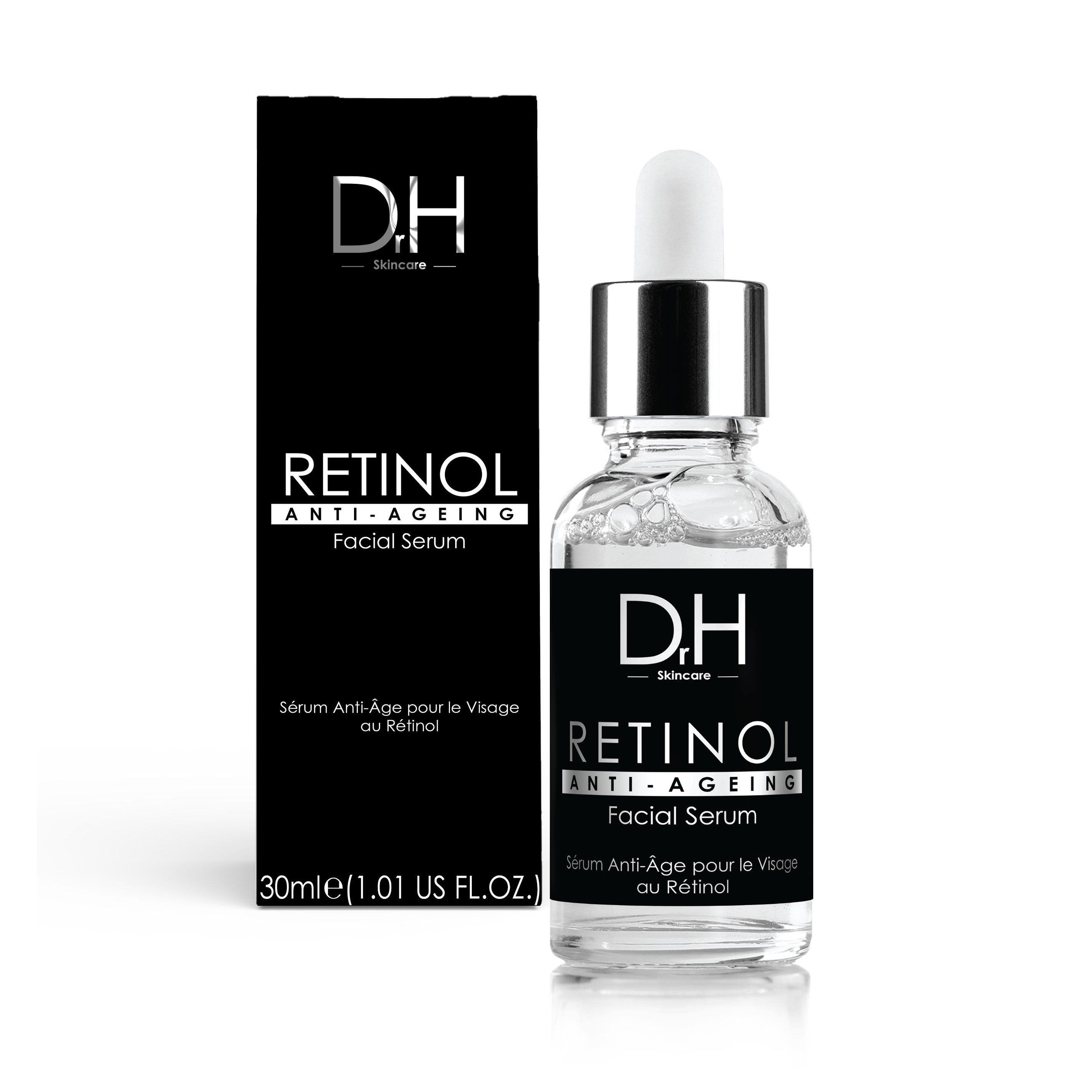 Gesichtsserum-Flasche und -Verpackung. Schwarze Verpackung mit weißem Text. Serum mit Pipette.