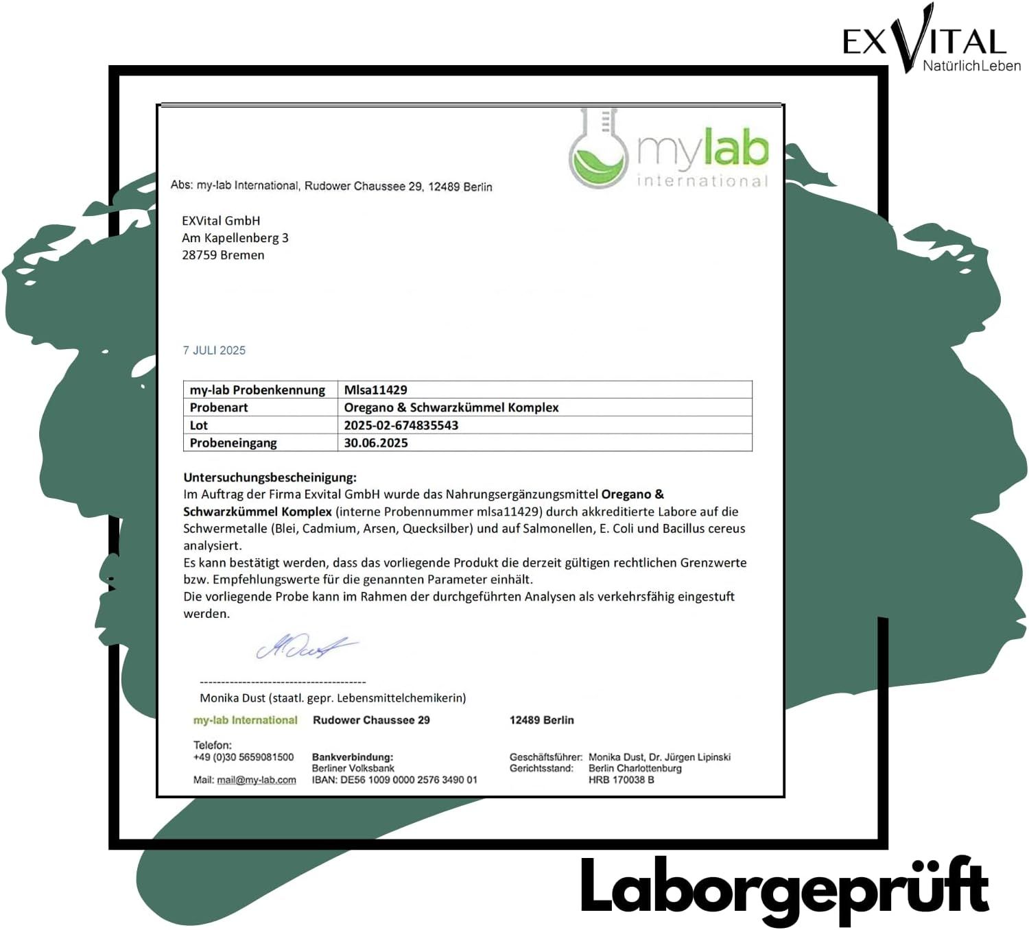 Laborbericht von mylab International. Text: Oregano & Schwarzkümmel Komplex. Laborgeprüft.