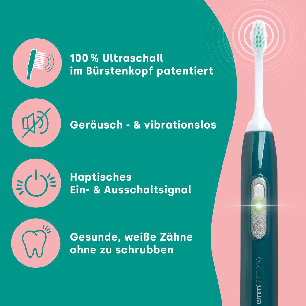 Ultraschall-Zahnbürste mit grüner Oberfläche. Text: 100% Ultraschall, geräuschlos, haptisches Signal, gesunde Zähne.