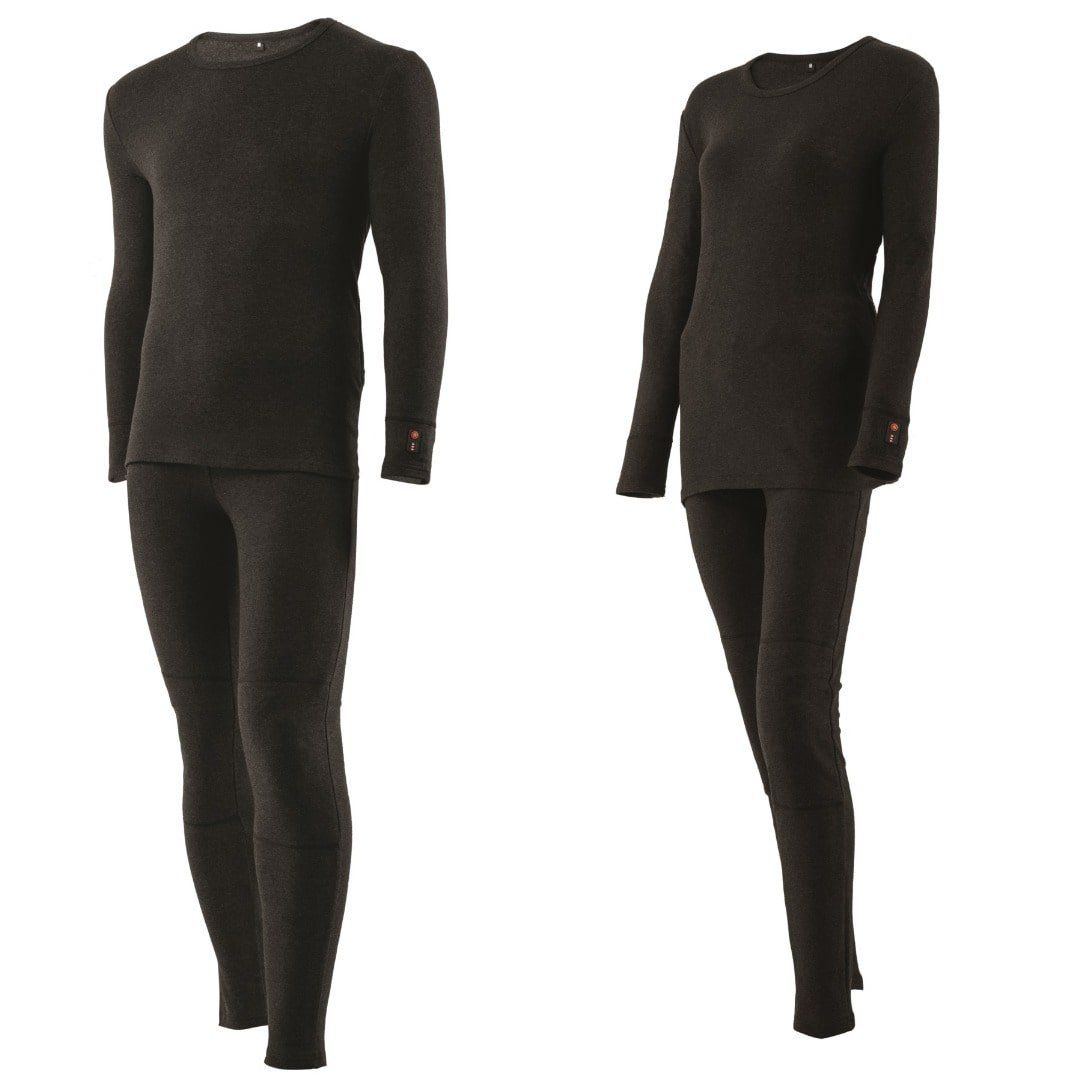 Dunkelgraue Thermo-Unterwäsche, bestehend aus Oberteil und Hose. Langärmliges Oberteil mit Rundhalsausschnitt. Hose mit langem Bein. Knöpfe am Ärmel.