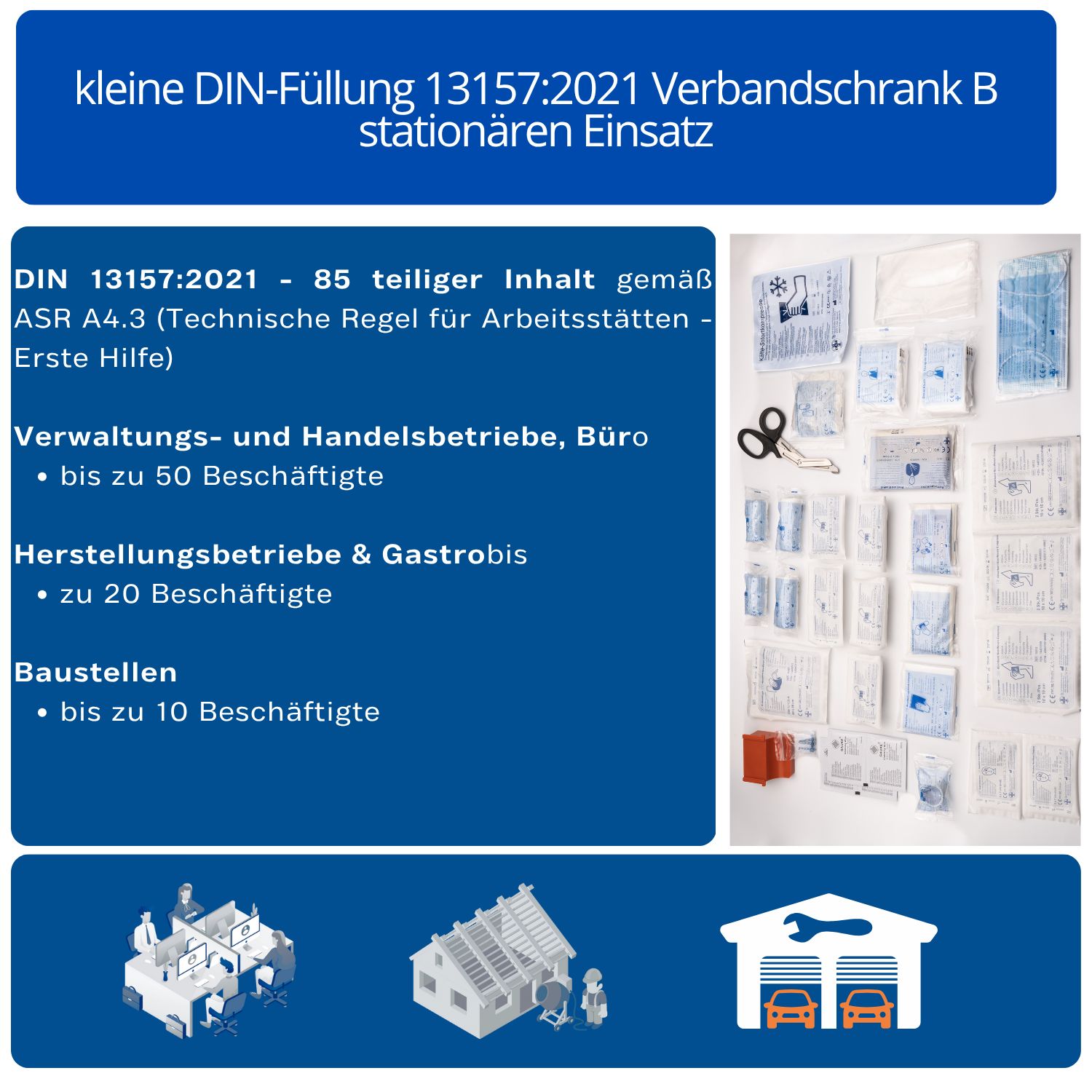 Inhalt der kleinen DIN-Füllung 13157:2021. Erste-Hilfe-Materialien in Verpackungen. Textinformationen.