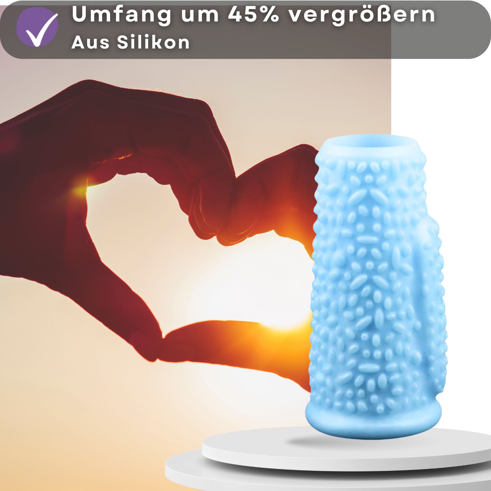Blaue Penishülle mit Noppen. Text: Umfang um 45% vergrößern, Aus Silikon.