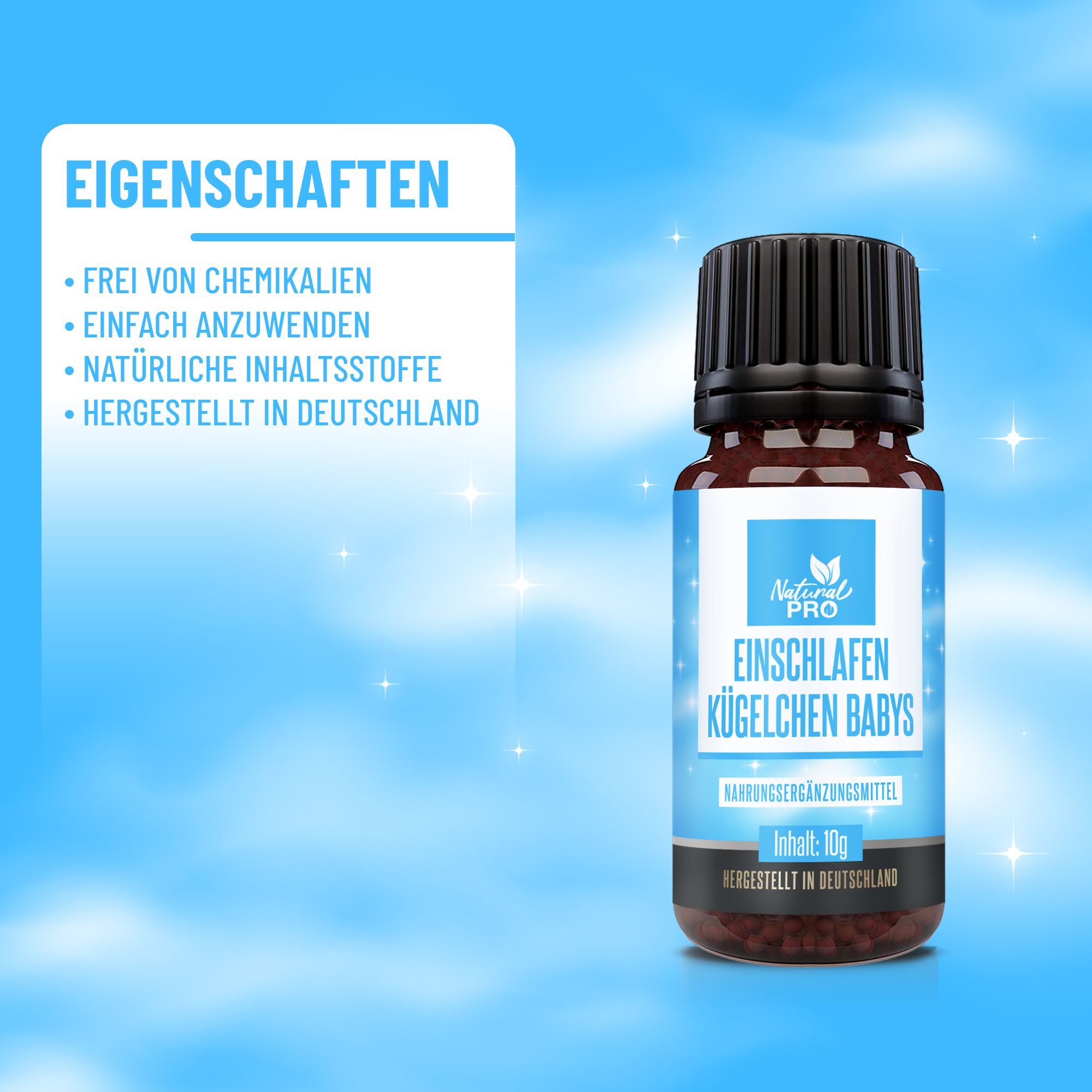 Flasche Natural Pro Einschlafen Kügelchen Babys. Eigenschaften aufgelistet: Frei von Chemikalien, einfach anzuwenden, natürliche Inhaltsstoffe.