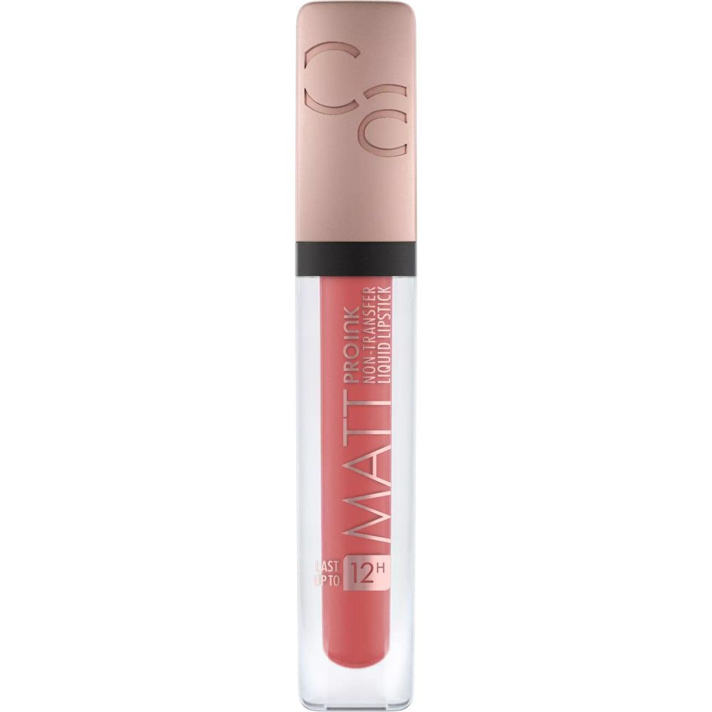 Flüssiger Lippenstift. Transparentes Gehäuse, rosa Deckel. Aufschrift: MATT, PRO INK, NON-TRANSFER, LIQUID LIPSTICK.