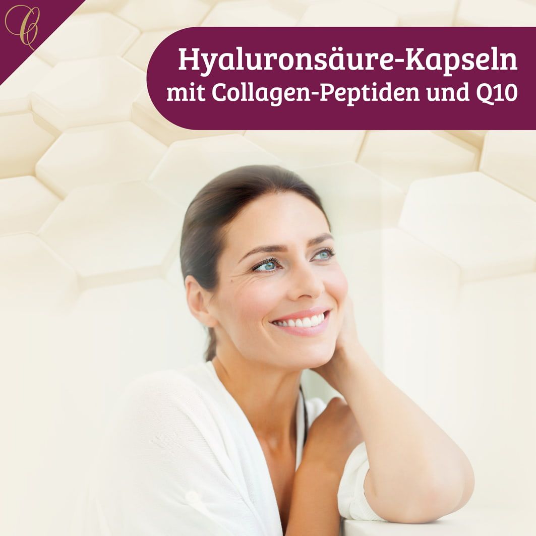 Frau lächelt. Hintergrund mit Produktnamen und Informationen zu Hyaluronsäure-Kapseln mit Collagen-Peptiden und Q10.