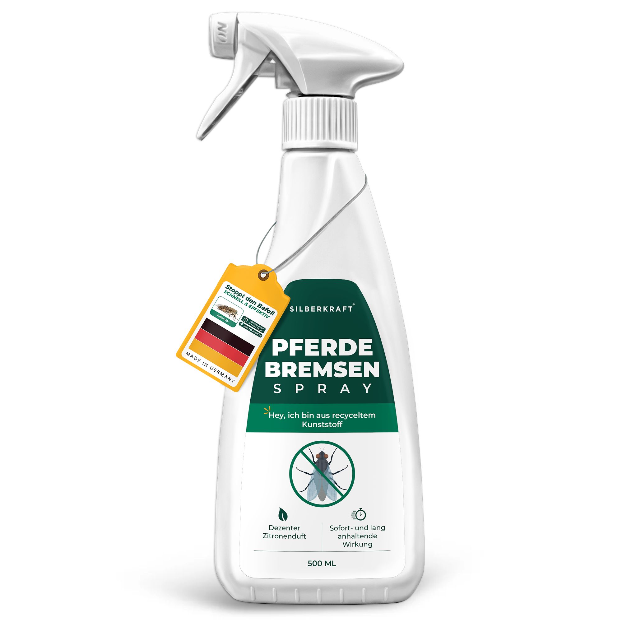 Weiße Sprühflasche mit 500ml Inhalt, "PFERDE BREMSEN SPRAY" Aufschrift, mit gelbem Anhänger "Made in Germany".