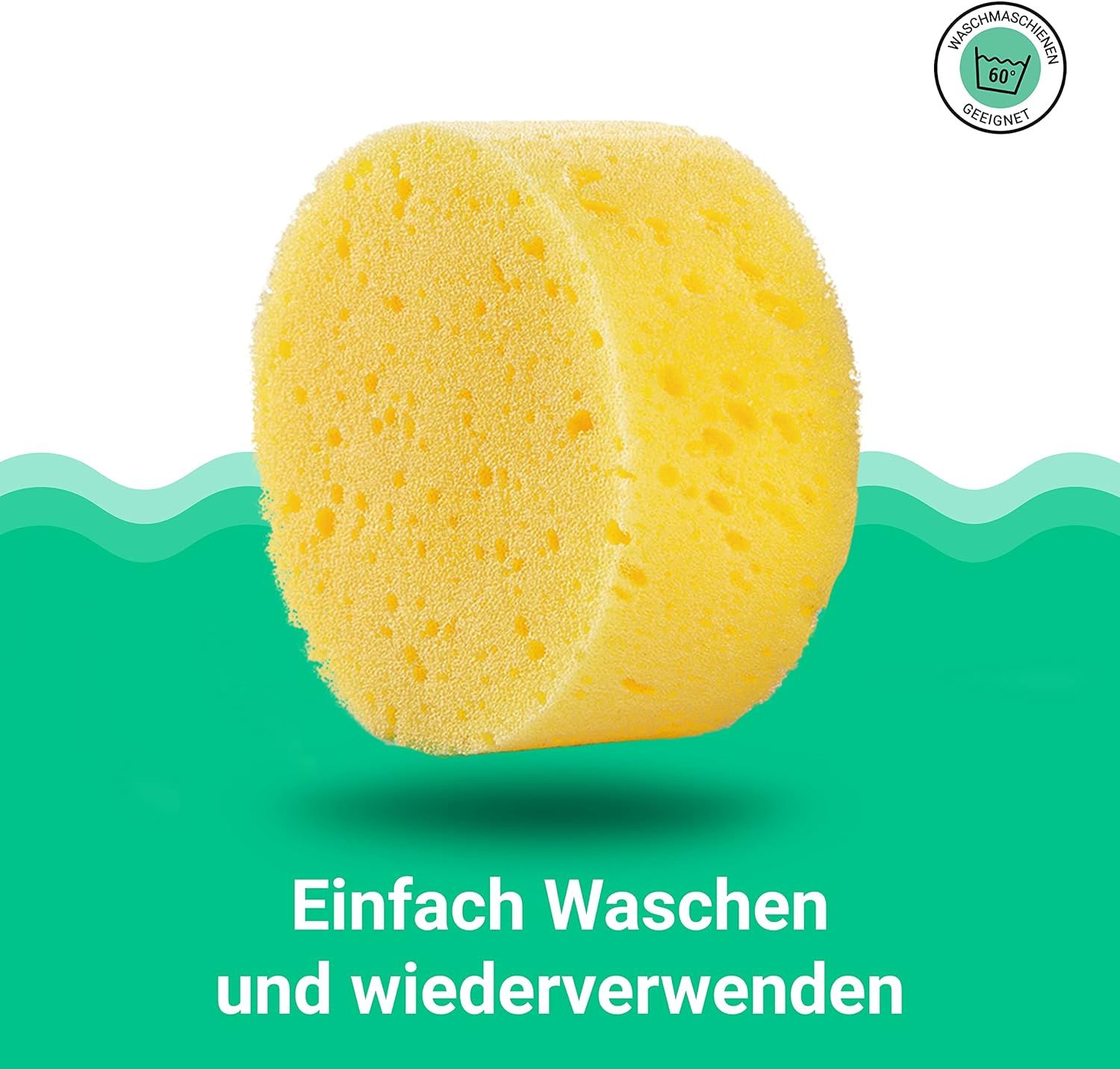 Gelber Polierschwamm. Text: Einfach Waschen und wiederverwenden. Waschsymbol 60°C.